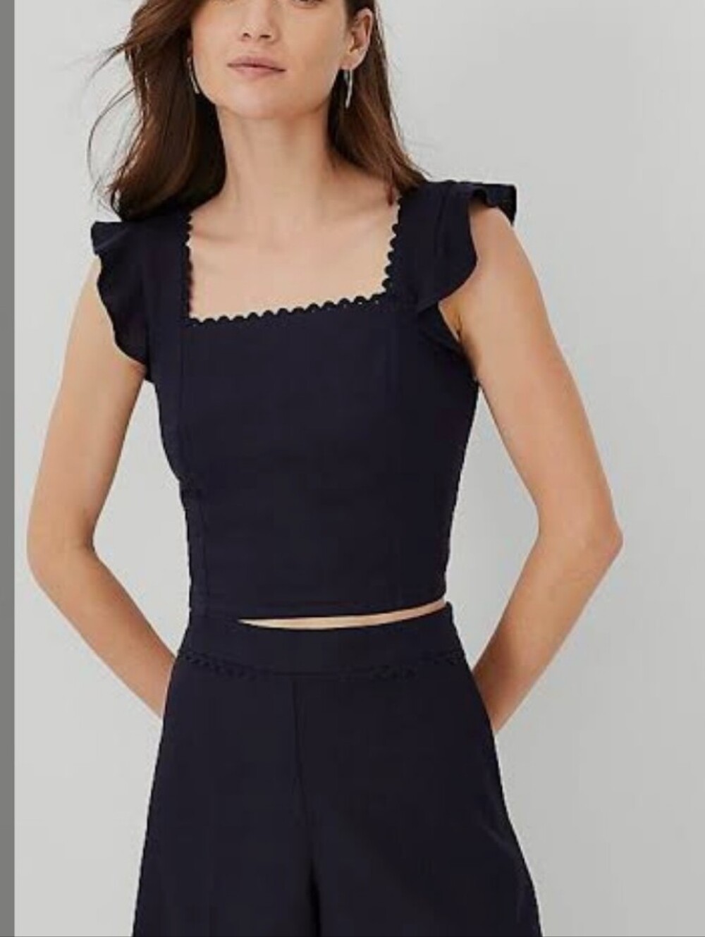 Ann Taylor Navy Ruffle Strap Crop Top